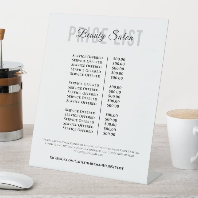 Elegant Monogram price list table top signs (In SItu)