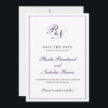 Elegant Monogram Purple Formal Wedding Save The Date<br><div class="desc">Traditional and classy wedding save the date card featuring a simple design with your two initial monogram and your names in an elegant royal purple calligraphy inside of a thin border.  The backside is solid purple.  This classic design is perfect for a formal wedding in the fall / autumn.</div>
