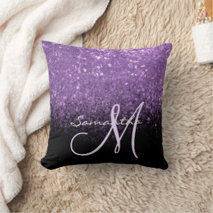 Elegant Monogram Purple Glitter & Black Throw Pillow