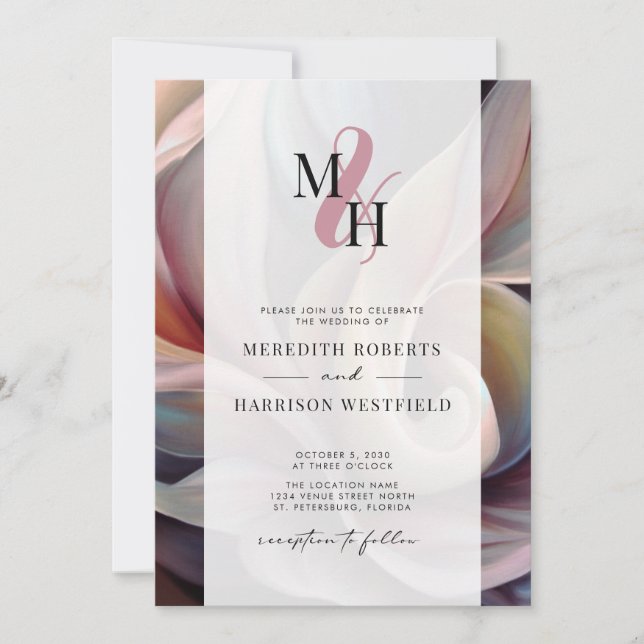 Elegant Monogram QR Code Abstract Floral Wedding I Invitation (Front)