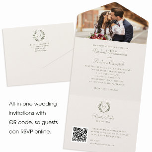 Elegant Monogram QR Code Sage Green Wedding All In One Invitation