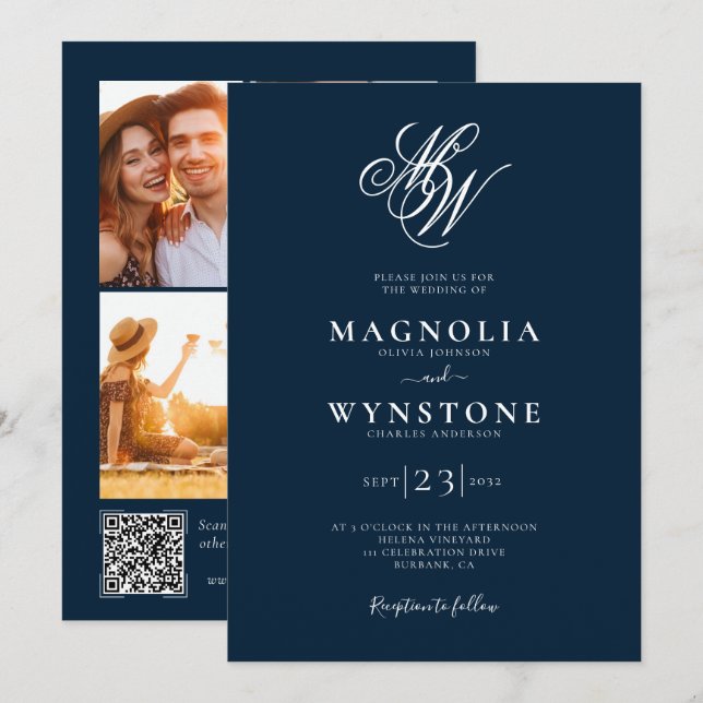 Elegant Monogram QR Code Wedding Invitation (Front/Back)