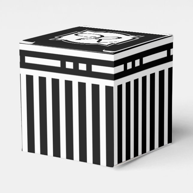 Elegant Monogram R Striped Black and White Favor Box (Front Side)