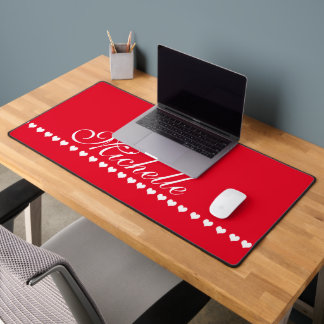 Elegant Monogram Red and White Hearts Desk Mat
