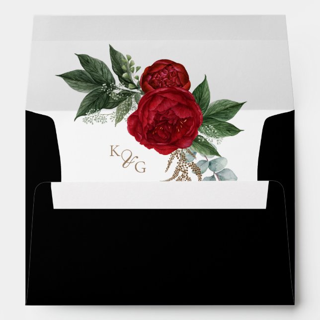 Elegant Monogram Red Floral Gold Monogram Wedding Envelope (Back (Bottom))
