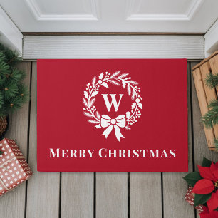 Elegant Monogram Red Merry Christmas Doormat