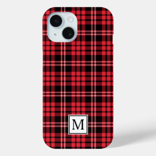 Elegant Monogram Red Plaid iPhone 15 Case