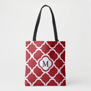 Elegant Monogram Red Quatrefoil Pattern Name Tote Bag