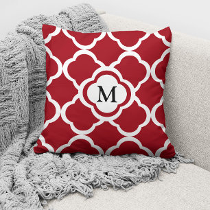 Elegant Monogram Red Quatrefoil Pattern Throw Pillow