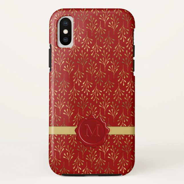 Elegant Monogram Red Wax Seal Gold Leaf Pattern Case-Mate iPhone Case (Back)