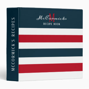 Elegant Monogram Red White Blue Family Recipe Book Binder