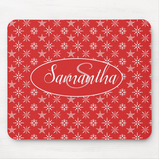 Elegant Monogram Red White Pattern Mouse Pad (Front)