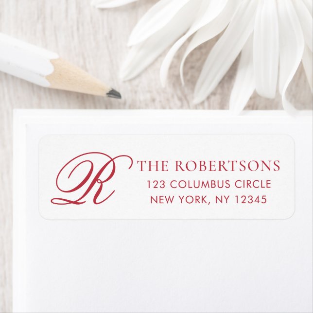 Elegant Monogram Red White Return Address Label (Insitu)