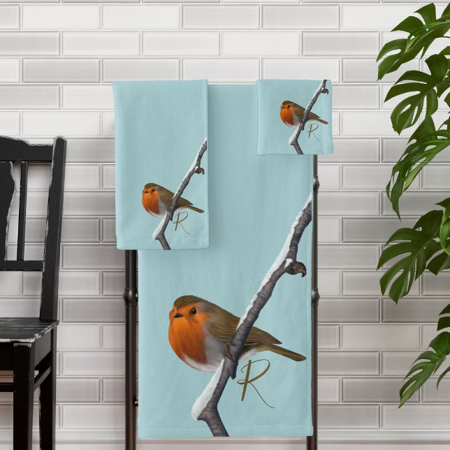 Elegant Monogram Robin Bird Blue Bath Towel Set (A robin egg blue bath towel set with space for your initial)