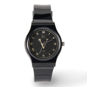 Elegant Monogram Roman Black Faux Gold Watch
