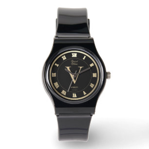 Elegant Monogram Roman Black Gold Modern  Watch