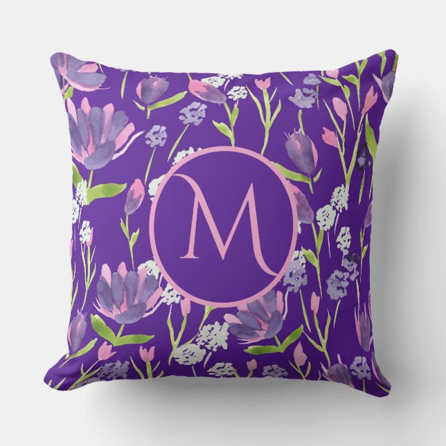 Elegant Monogram Romantic Purple Feminine Floral Throw Pillow (Front)