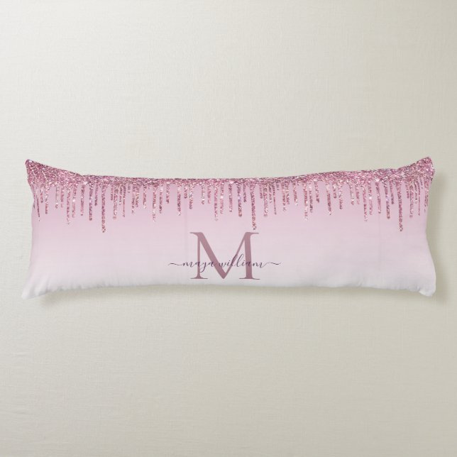 Elegant Monogram Rose Glitter Drips  Body Pillow (Front)