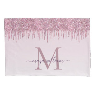Elegant Monogram Rose Glitter Drips Pillowcase