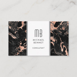 Elegant Monogram Rose Gold Black Marble  Business Card