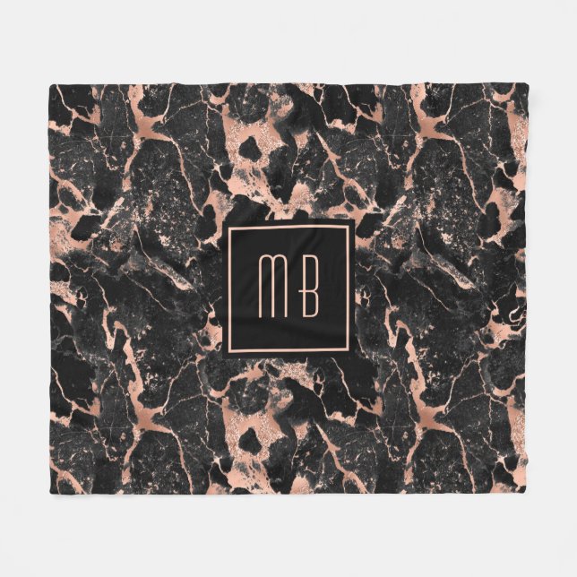 Elegant Monogram Rose Gold Black Marble Fleece Blanket (Front (Horizontal))