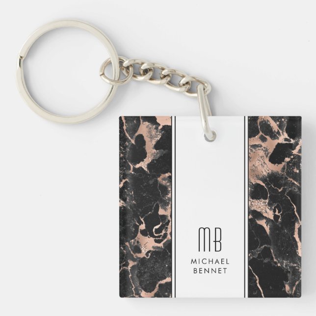 Elegant Monogram Rose Gold Black Marble  Keychain (Front)