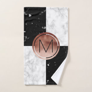 Elegant monogram rose gold black white marble bath towel set