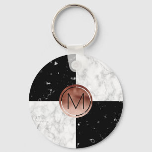 Elegant monogram rose gold black white marble keychain