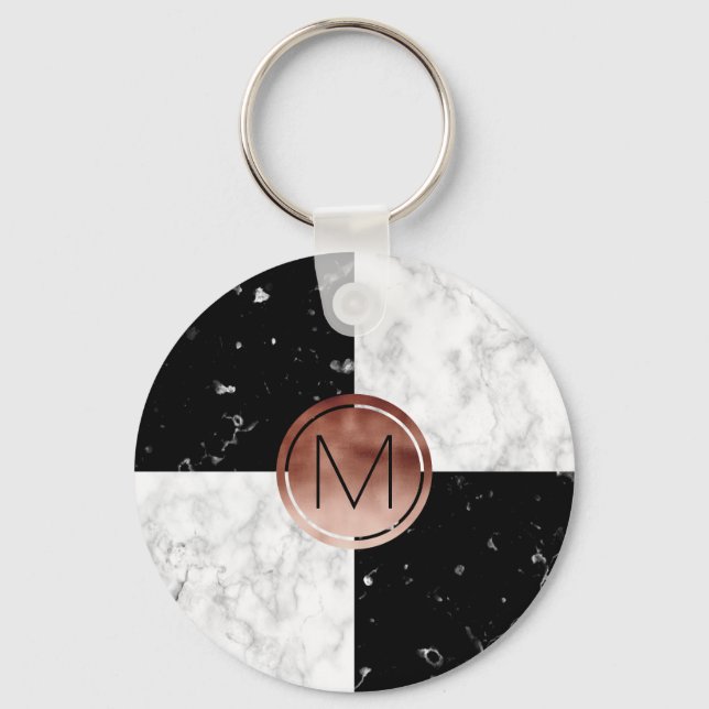 Elegant monogram rose gold black white marble keychain (Front)