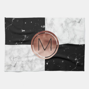Elegant monogram rose gold black white marble kitchen towel