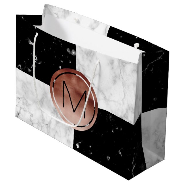 Elegant monogram rose gold black white marble large gift bag (Front Angled)
