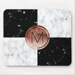 Elegant monogram rose gold black white marble mouse pad