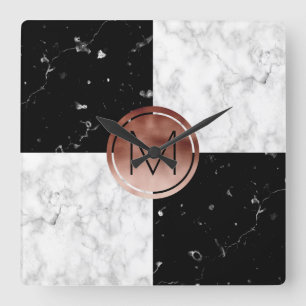 Elegant monogram rose gold black white marble square wall clock