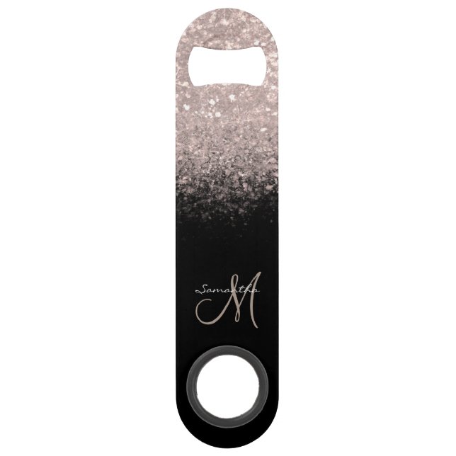 Elegant Monogram Rose Gold Glitter & Black Bar Key (Front)