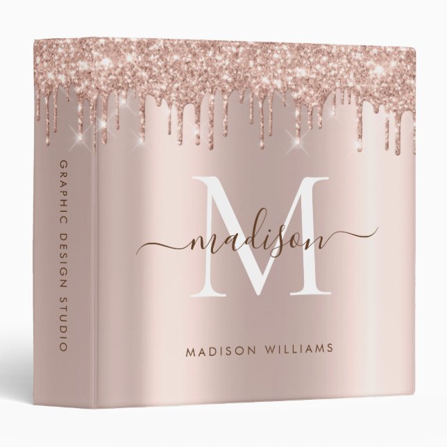 Elegant Monogram Rose Gold Glitter Girly Script  Binder (Front/Spine)