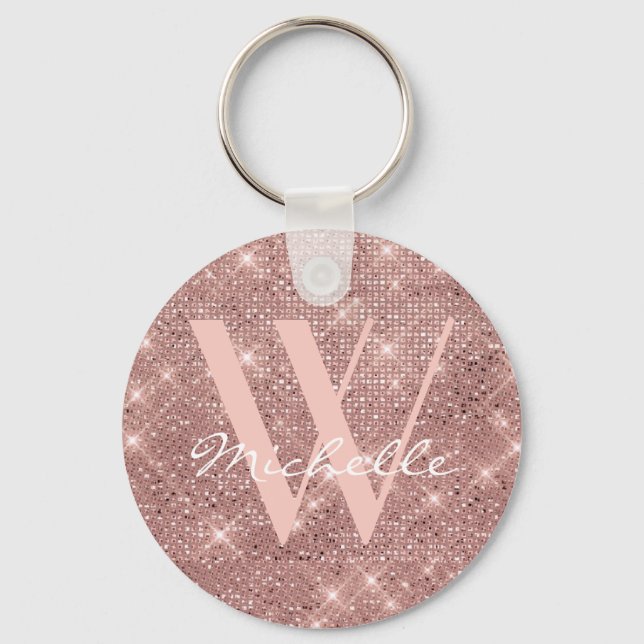 Elegant Monogram Rose Gold Glitter Name Script Keychain (Front)