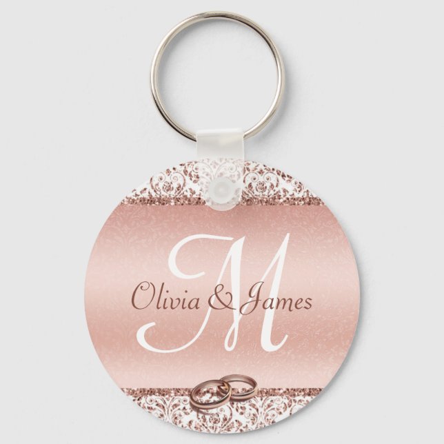 Elegant Monogram Rose Gold Wedding Favour Keychain (Front)