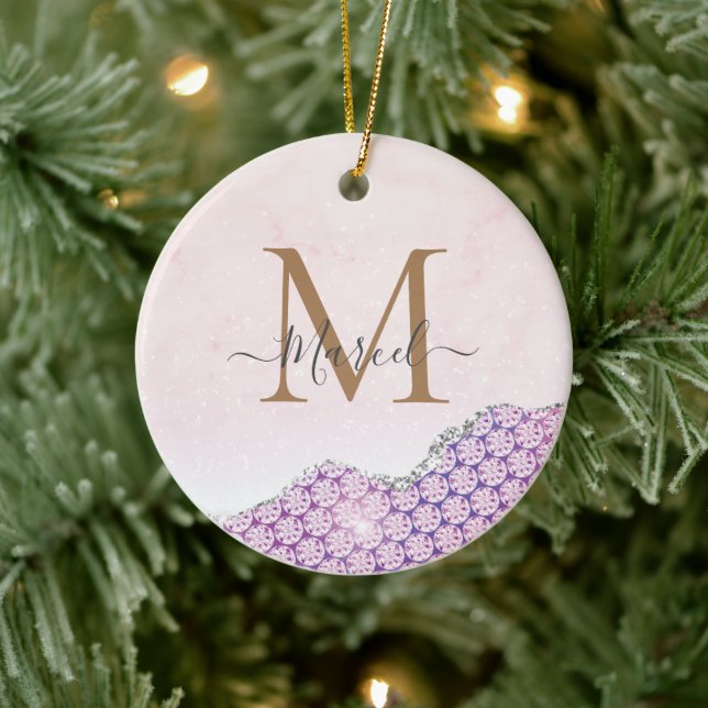 Elegant Monogram Rose pink Glitter Ceramic Ornament (Tree)