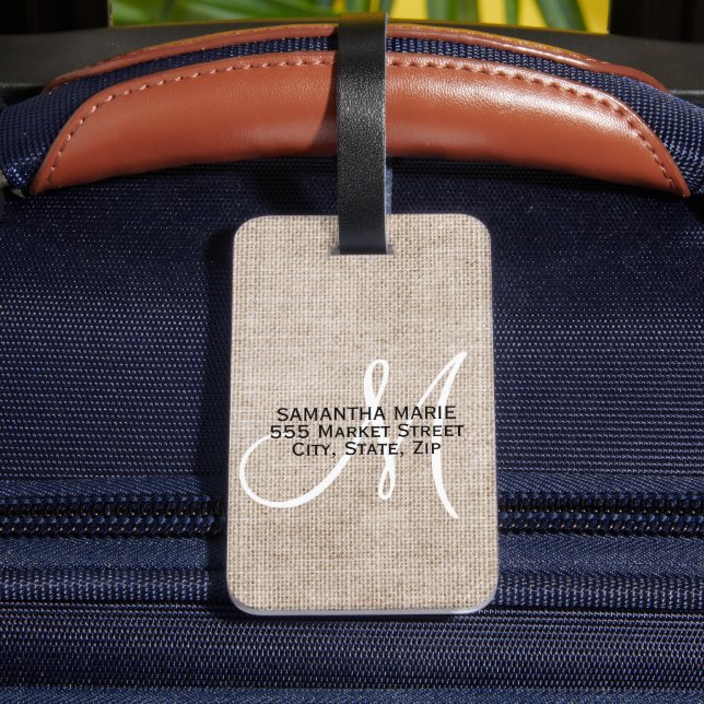 Elegant Monogram Rustic Beige Linen Luggage Tag (Back Insitu 4)