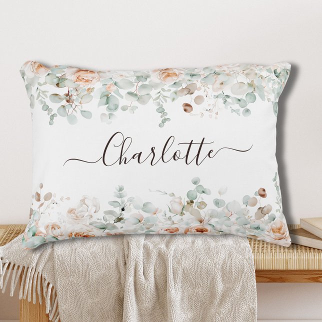 Elegant Monogram Rustic Rose Floral Greenery Accent Pillow (In situ)
