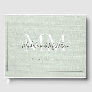 Elegant Monogram Rustic Sage Green Linen Wedding Guest Book