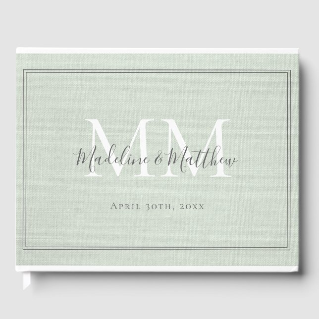 Elegant Monogram Rustic Sage Green Linen Wedding Guest Book (Front)