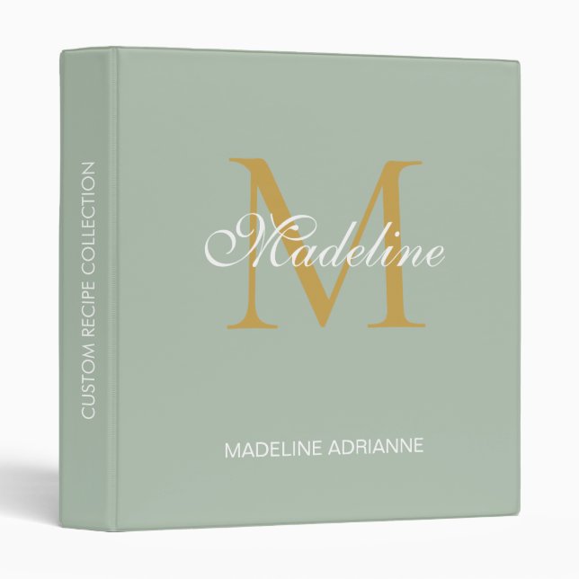 Elegant Monogram Sage Gold Script Office School  Binder (Front/Spine)