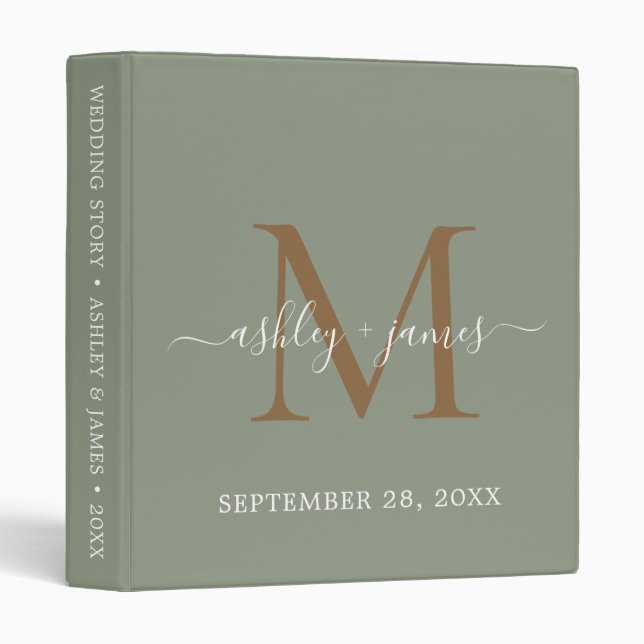 Elegant Monogram Sage Green & Gold Script Wedding  Binder (Front/Spine)