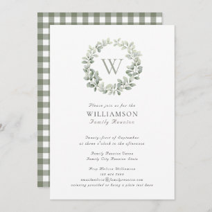Elegant Monogram Sage Plaid Family Reunion Invitation