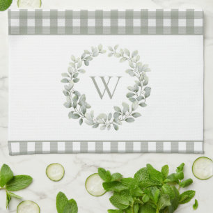 Elegant Monogram Sage White Plaid Kitchen Towel