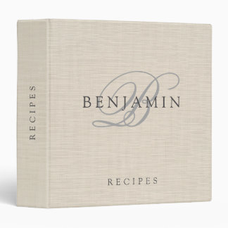 Elegant Monogram Script Beige Linen Creme Recipe Binder