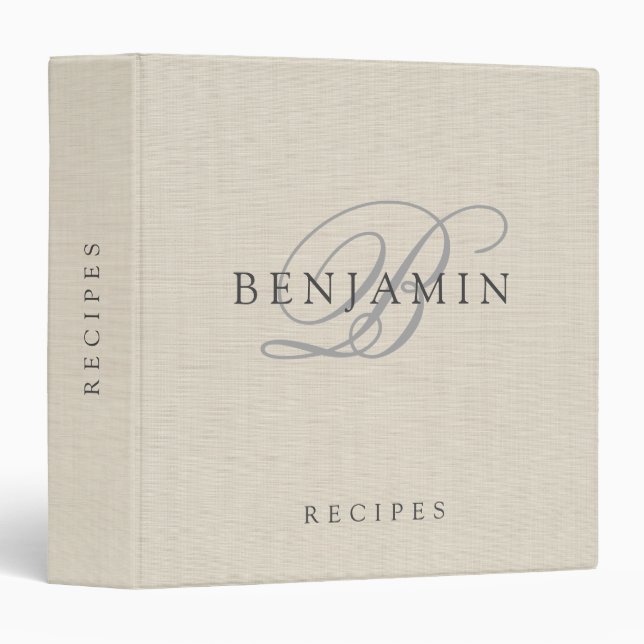 Elegant Monogram Script Beige Linen Creme Recipe Binder (Front/Spine)