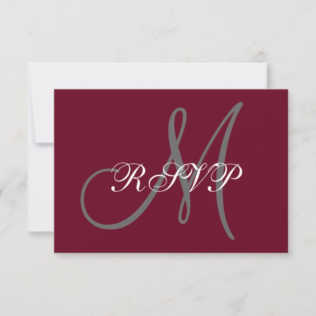 Elegant Monogram Script Burgundy Grey Wedding RSVP Card (Front)