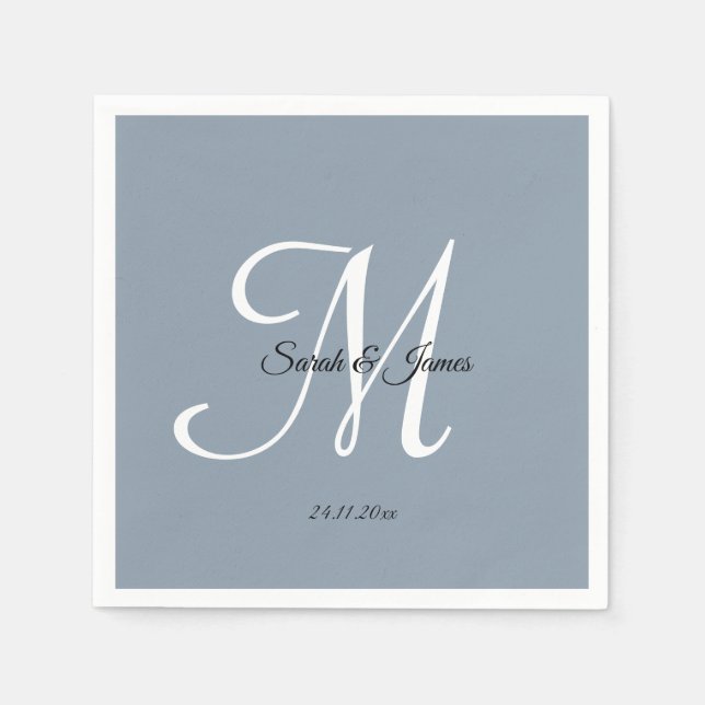 Elegant Monogram Script Dusty Blue Wedding Party Napkin (Front)